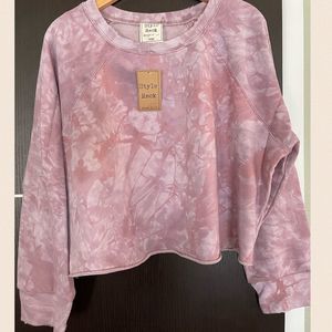 NWT Mauve Pink Tie Dye Wash Distressed Cropped Sweatshirt L